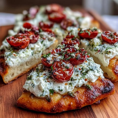 Viral Cottage Cheese Flatbread with pesto, tomato, and fresh basil garnish.