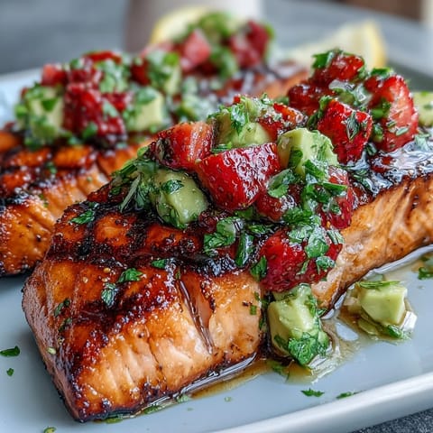 Perfectly flaky grilled salmon featuring a bright, fruity strawberry avocado salsa.