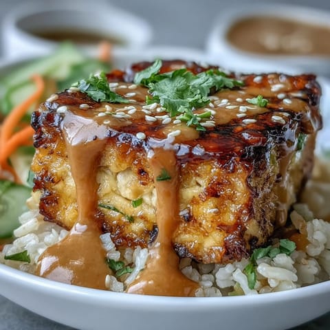 Crispy baked tofu cubes rest on a bed of fluffy brown rice, drizzled with rich peanut sauce and topped with fresh, colorful vegetables.  