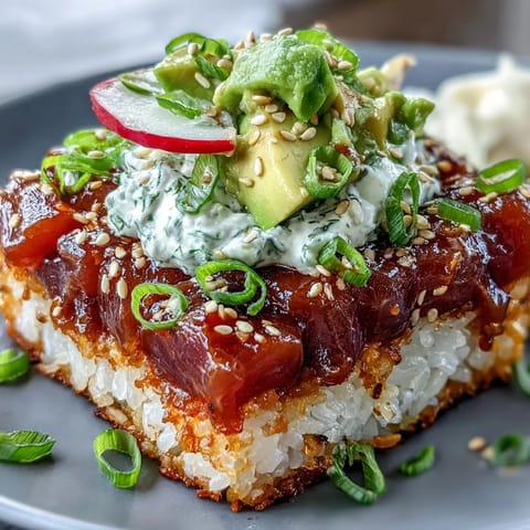 Crispy rice salad with avocado, spicy tuna, and vibrant toppings, ready to enjoy.