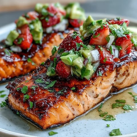 Delicious grilled salmon topped with colorful strawberry avocado salsa.