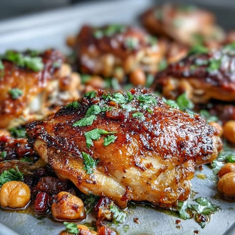 Juicy harissa chicken traybake with roasted colorful vegetables and tender chickpeas.