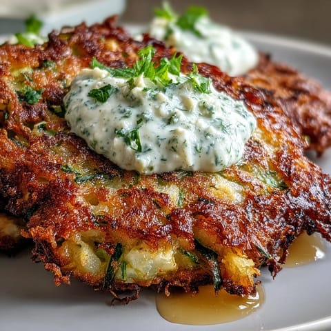 Golden, crispy zucchini fritters topped with feta and a cool yogurt mint sauce.
