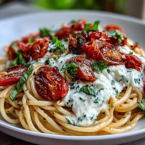 Delicious Summer Caprese Pasta with burrata, basil, and vibrant, ripe tomatoes.
