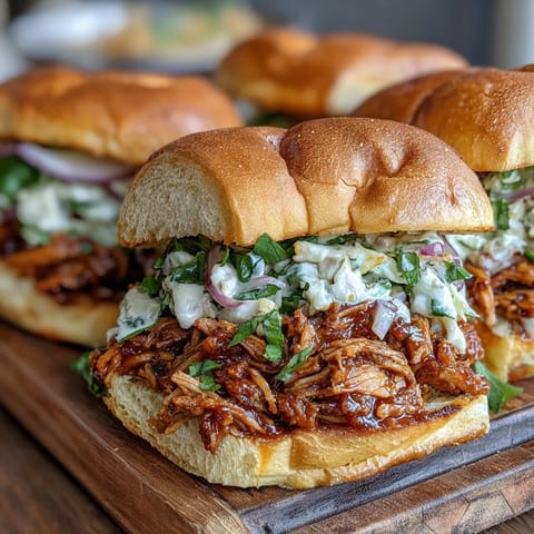 Tangy BBQ pulled jackfruit sandwiches piled high with creamy coleslaw.