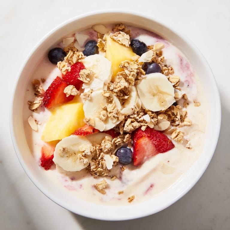 Creamy breakfast smoothie packs blended into a vibrant bowl, topped with granola and fresh fruit slices.