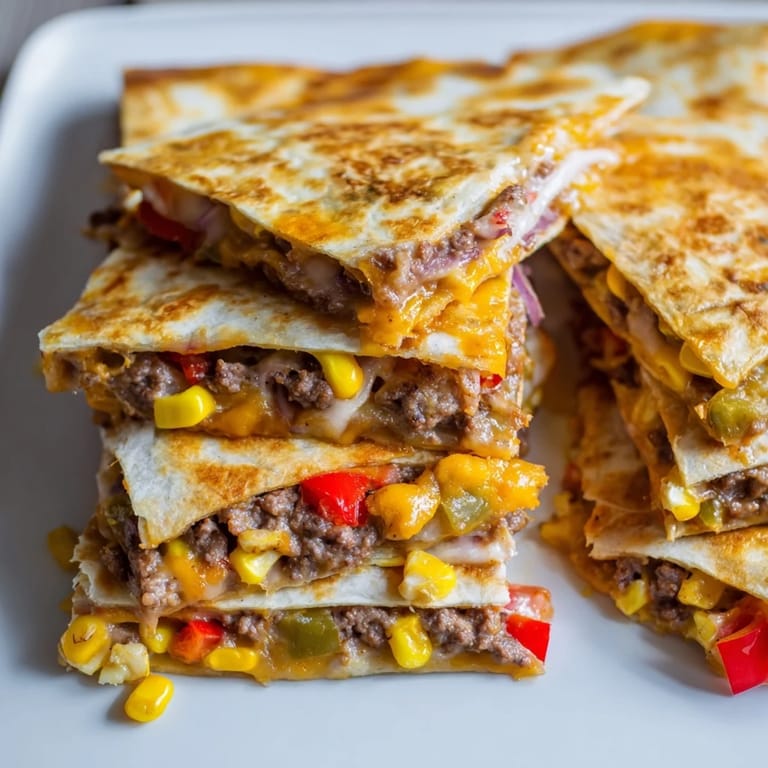 Close-up of baked Sheet Pan Quesadillas ready to slice, showcasing colorful fillings and bubbly cheese.