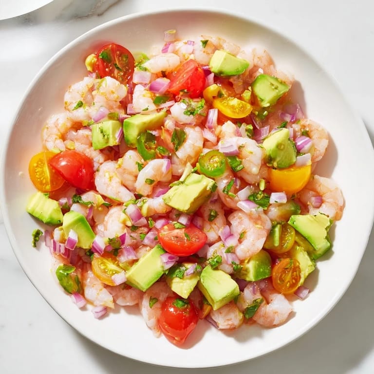 A close-up view of Light & Fresh Shrimp Ceviche: fresh herbs, vibrant shrimp, ready to enjoy.