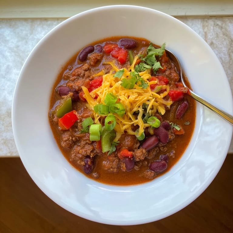 A steaming bowl of Winter Warming Chili con Carne, with visible chunks of beef and beans, delicious aromas.