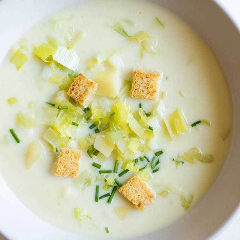 A warm bowl of Quick & Simple Potato and Leek Soup, aromatic and rich, ready for a cozy, delicious dinner.