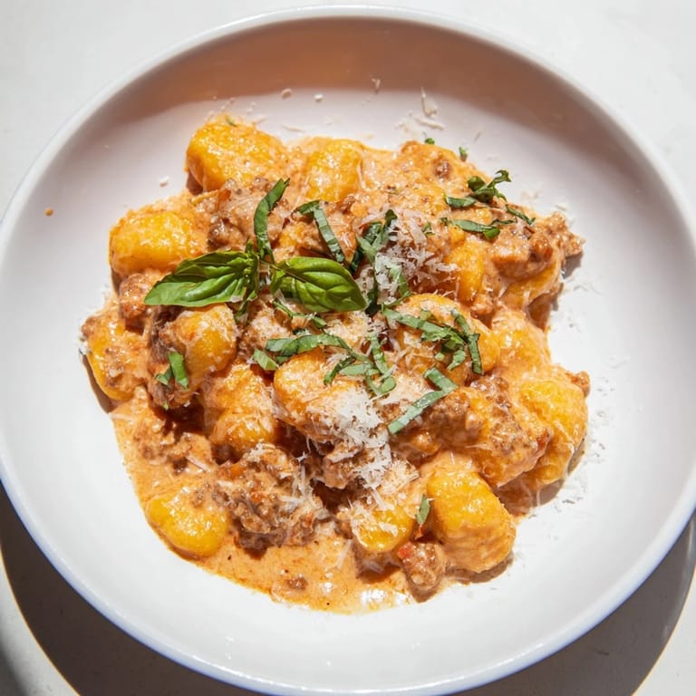 A bowl of delicious Creamy Tomato and Sausage Gnocchi, ready to eat, garnished with fresh basil.