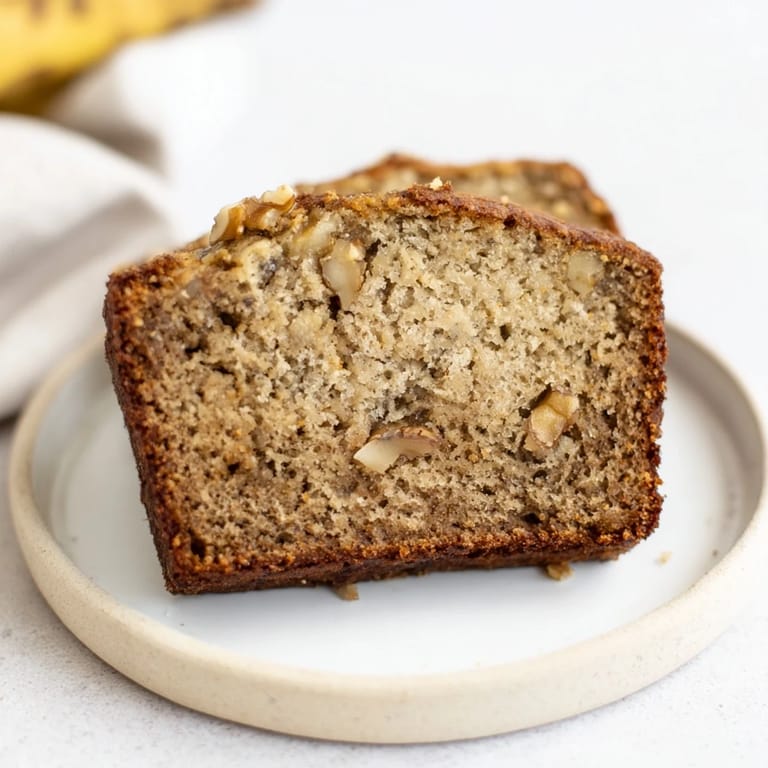 A close-up of freshly baked Simple Banana Bread, showcasing its moist crumb and inviting texture.