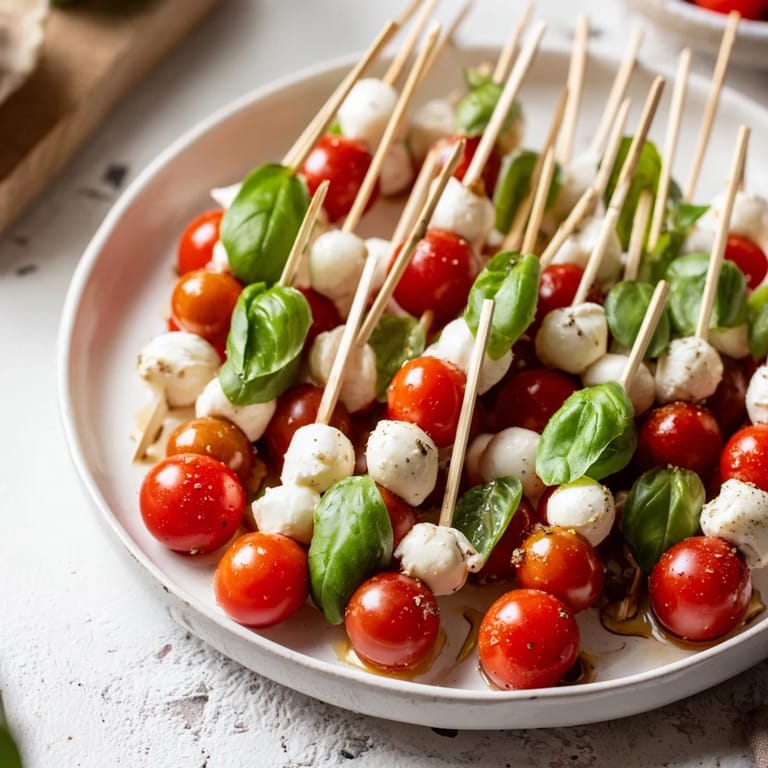 Vibrant Fresh Caprese Salad Skewers on a platter, showcasing the beautiful combination of Italian flavors, ready to serve..