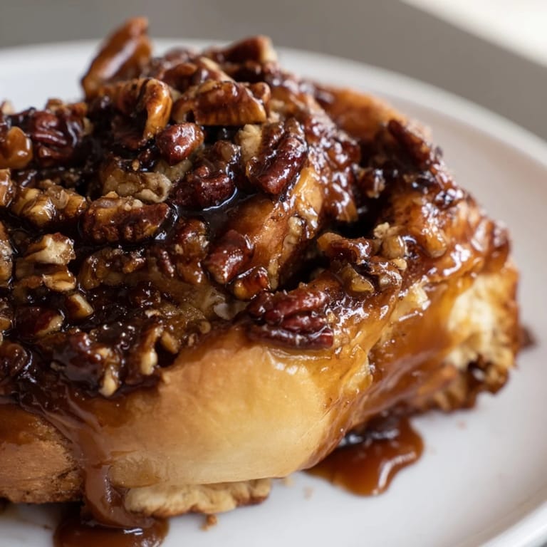 A close-up of warm, gooey pecan and honey sticky buns, perfect for a cozy breakfast with family.