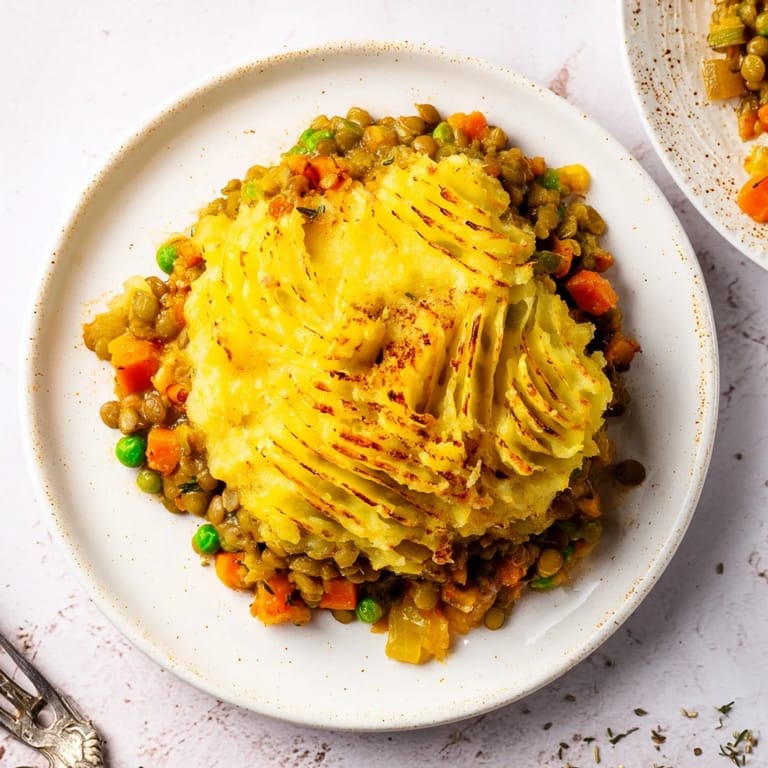 A comforting close-up showing the baked Hearty Lentil Shepherds Pie with creamy mashed potato topping.