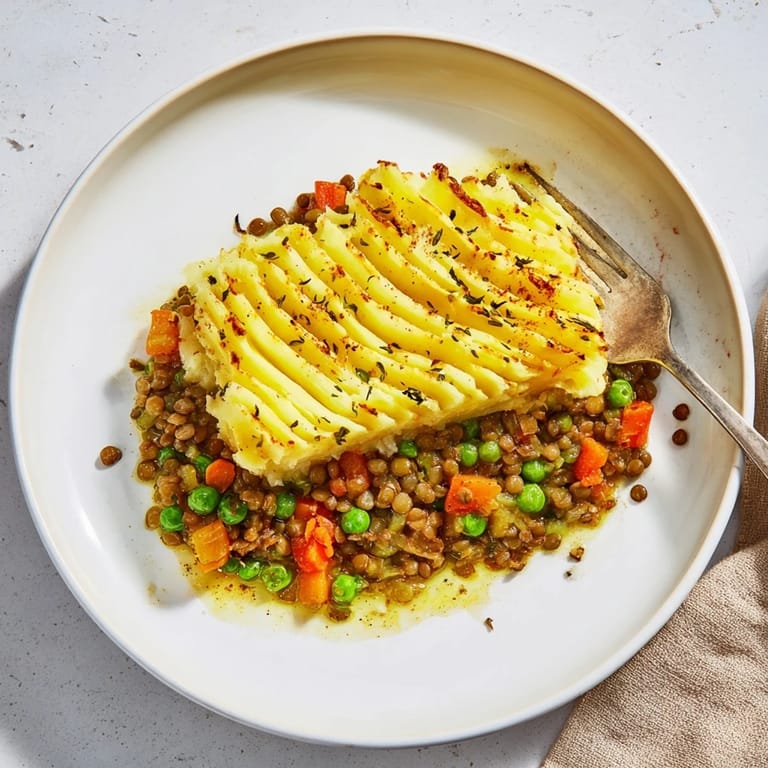 Enjoy a forkful of this Hearty Lentil Shepherds Pie, a hearty vegetarian main course.