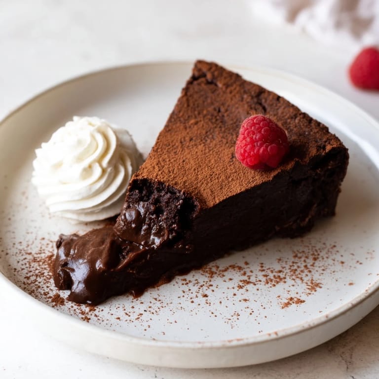 Incredible close-up of a warm, melting Decadent Flourless Chocolate Cake, ideal dessert.