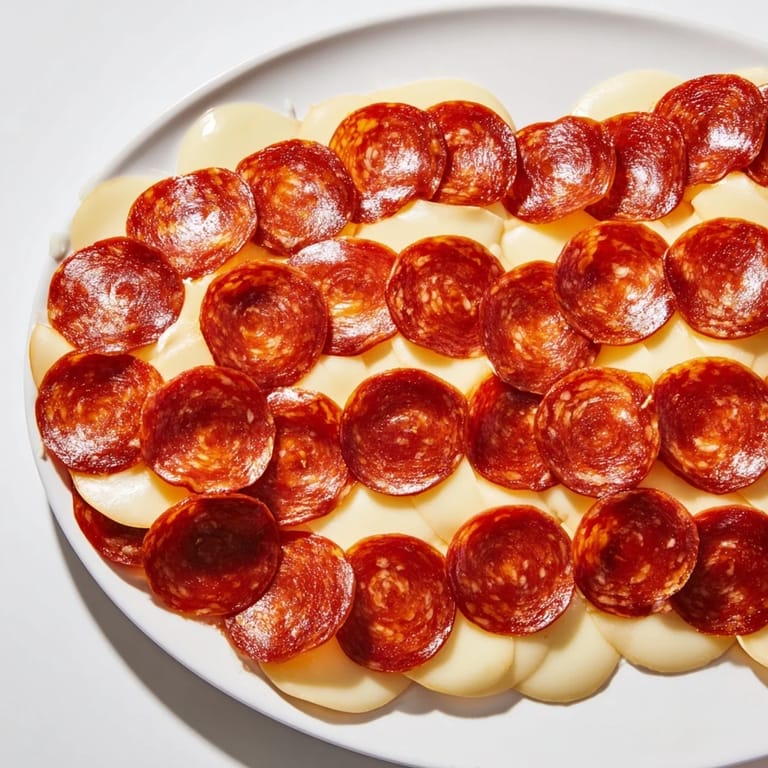 Delicious Dragon Scale arrangement before baking, showing layered pepperoni and melted cheese for a savory treat.