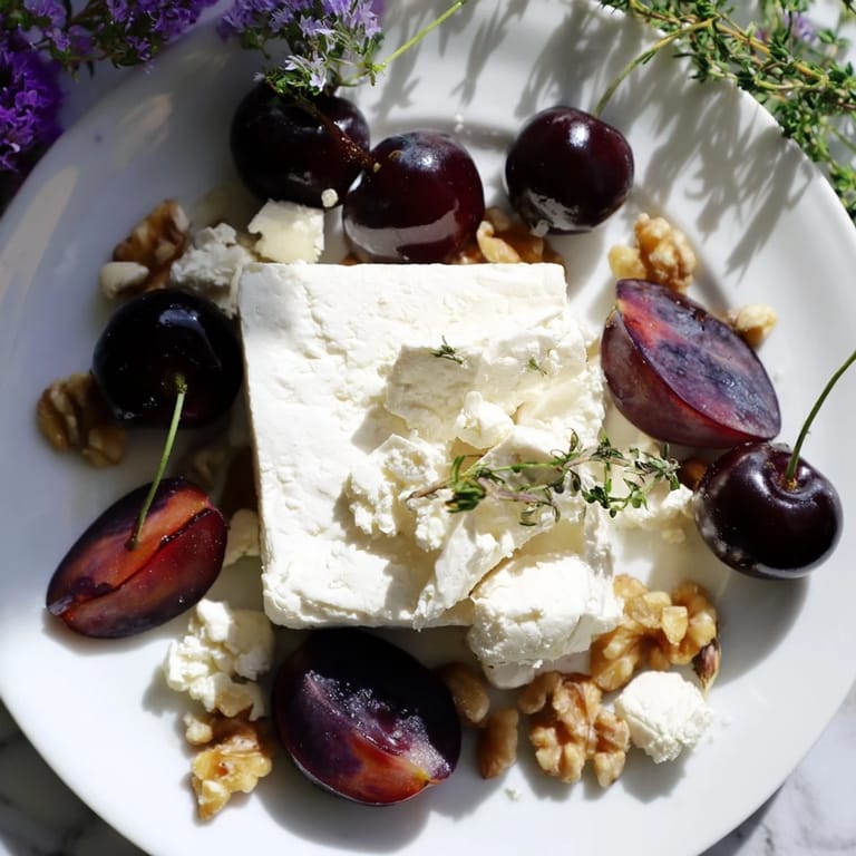 A beautiful Midnight Orchard platter: dark fruits mingling with creamy goat cheese, ready to serve.