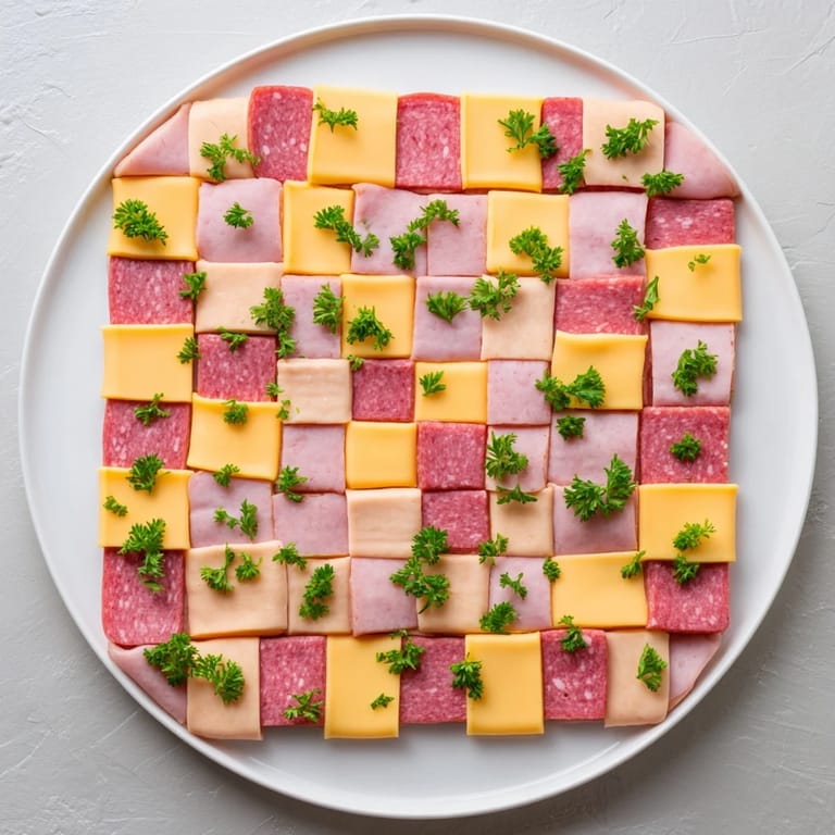 Beautifully arranged Patchwork Quilt—a stunning appetizer with diverse meats and cheeses, easy to prepare.