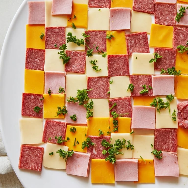 Close-up of the Patchwork Quilt appetizer: a colorful, edible quilt ideal for entertaining guests.