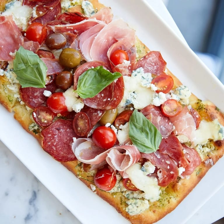 A beautiful display of The Rustic Raft, a crowd-pleasing flatbread appetizer with colorful toppings and fresh basil.