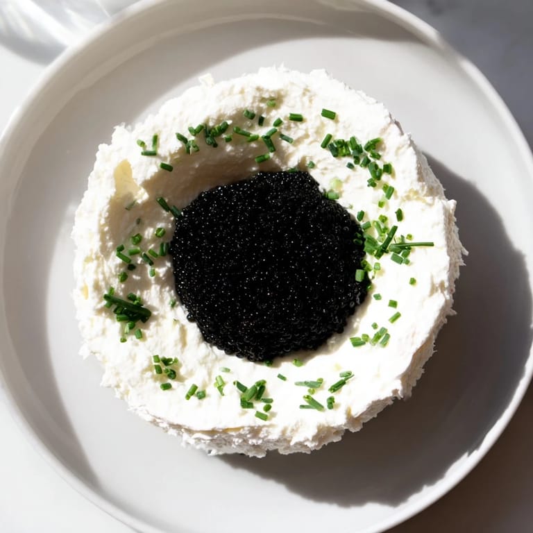 Luscious Diamond Inlay, showcasing a sparkling caviar diamond nestled in a creamy cream cheese ring and served with blinis.