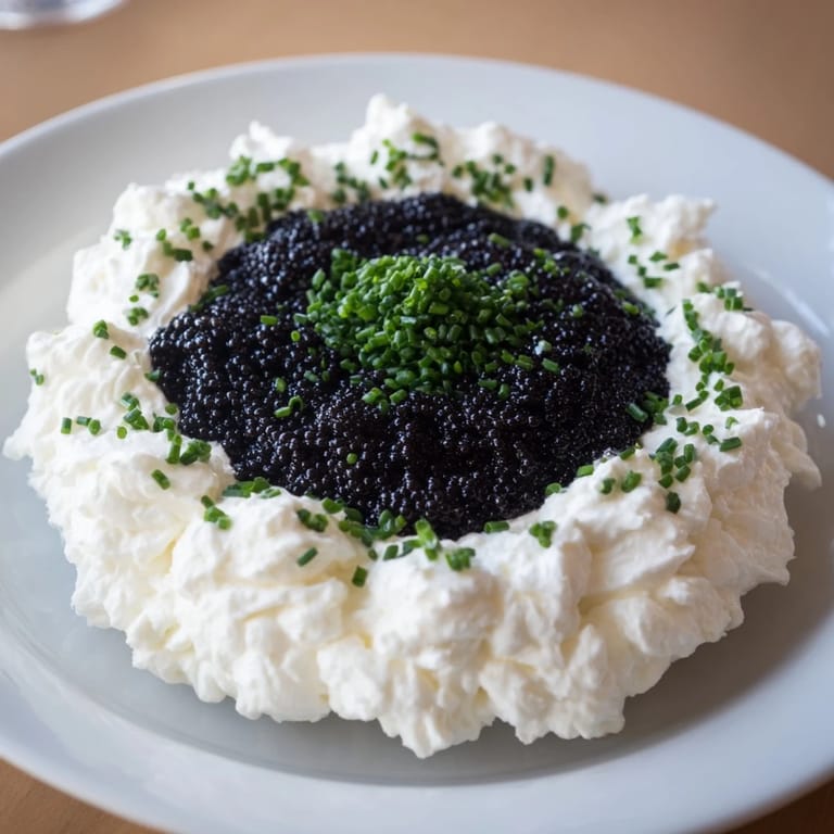 Impressive Diamond Inlay appetizer: creamy cream cheese with a black caviar diamond center, perfectly positioned for serving.