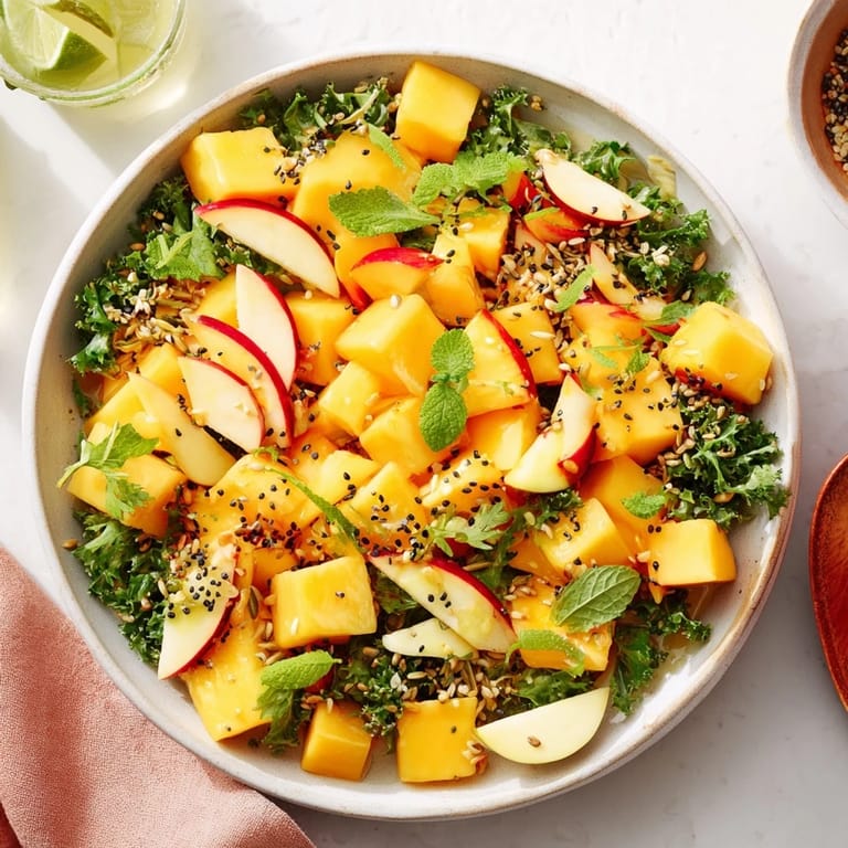 A visually appealing "The Sunlit Glade" salad: imagine bright mangoes and pineapple in a lush green bed.