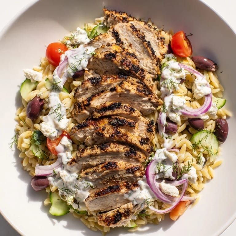 A delicious close-up reveals the vibrant flavors of these Greek Chicken Gyro Pasta Bowls, ready to eat.