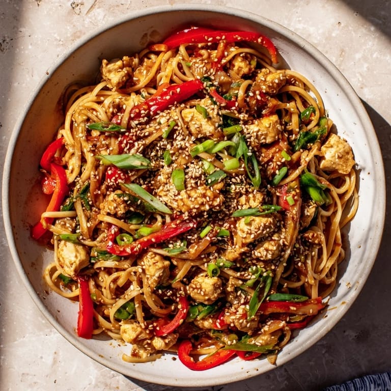 Savory Sesame Hoisin Ground Chicken Pasta with perfectly cooked ground chicken and colorful bell peppers.