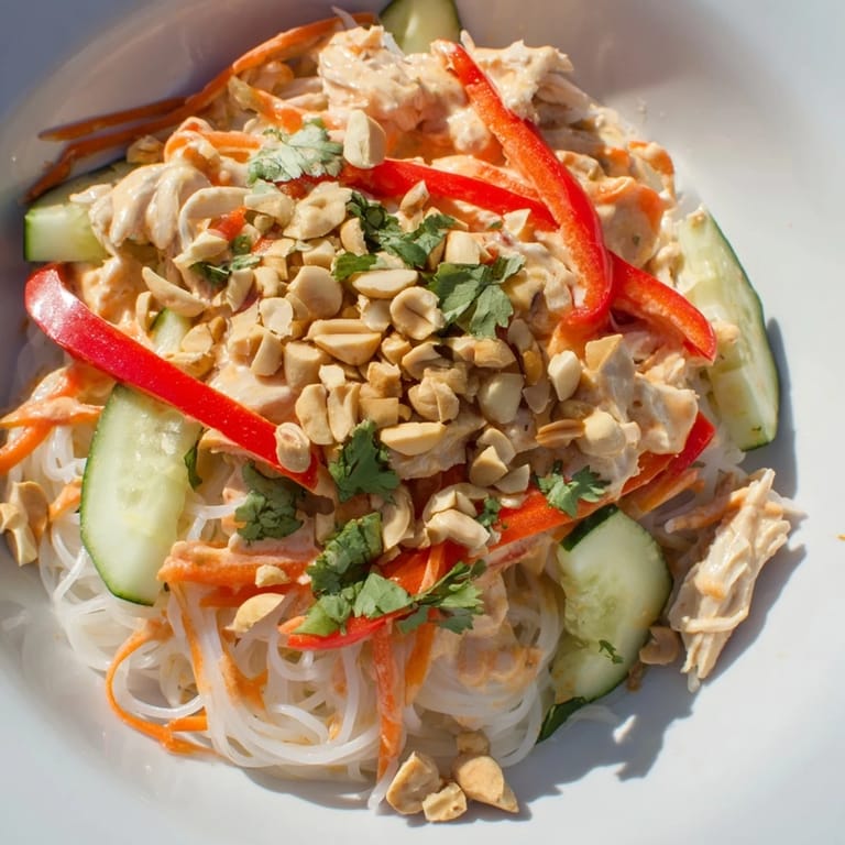 Chilled Thai-inspired peanut chicken pasta, a flavorful blend of noodles, chicken, and a tangy peanut sauce.