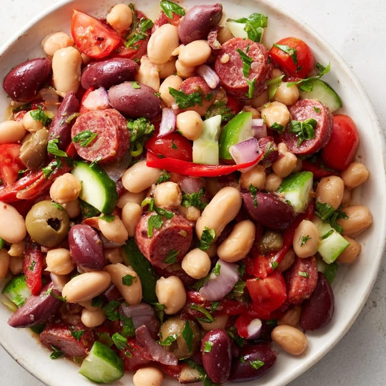 Close-up of a rustic Mediterranean Dense Bean Salad with salami, ready to serve and enjoy.