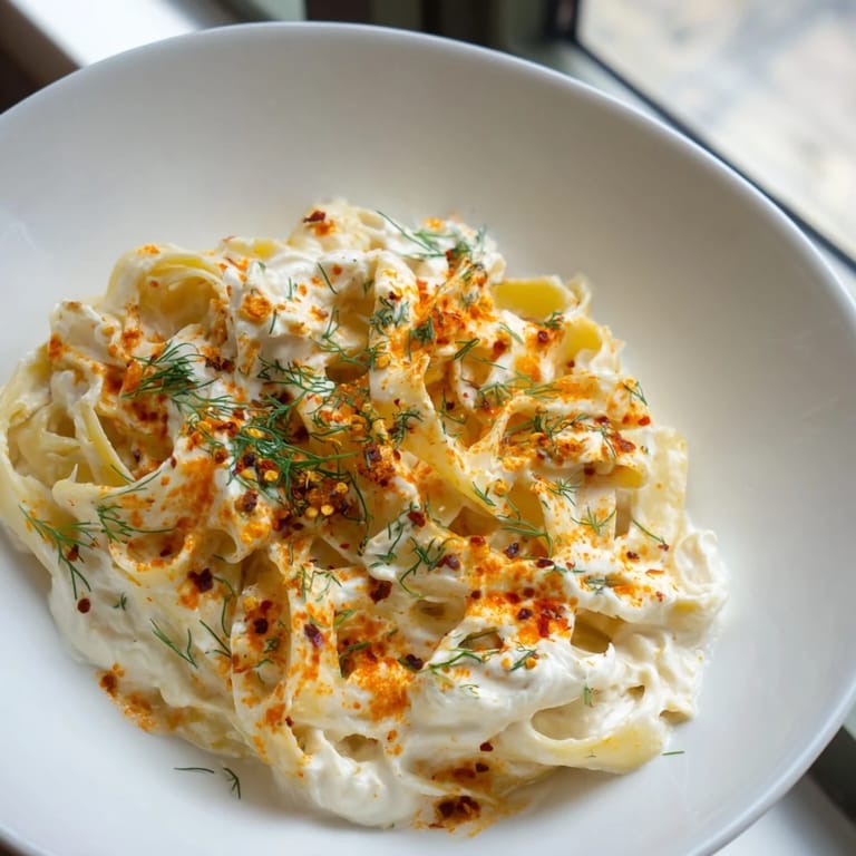 A warm plate of Turkish Pasta, featuring vibrant red paprika butter over perfectly cooked noodles.