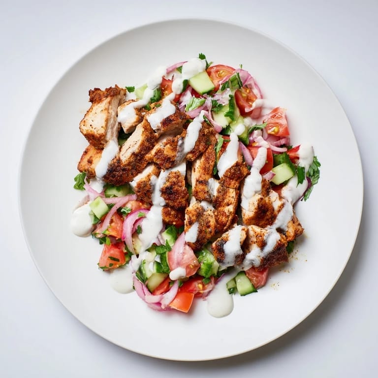 Fresh and flavorful chicken shawarma salad, featuring vibrant veggies and a drizzle of tahini sauce.