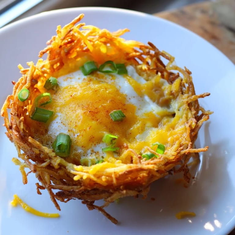 A close-up shot of hot, homemade Crispy Hashbrown Egg Nests ready for breakfast, with fresh chives.