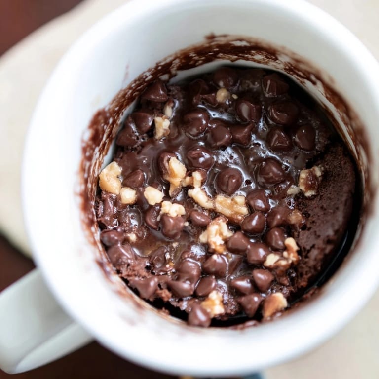 A close-up of a freshly made 2-minute mug brownie with a delicious, soft texture.