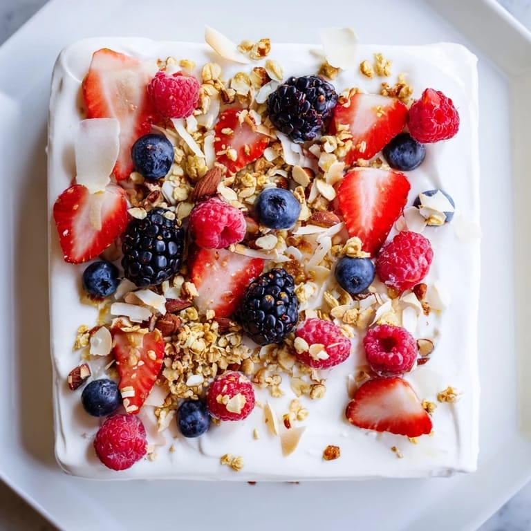 A close-up of delicious Berry Yogurt Bark: berries and granola covering frozen yogurt.