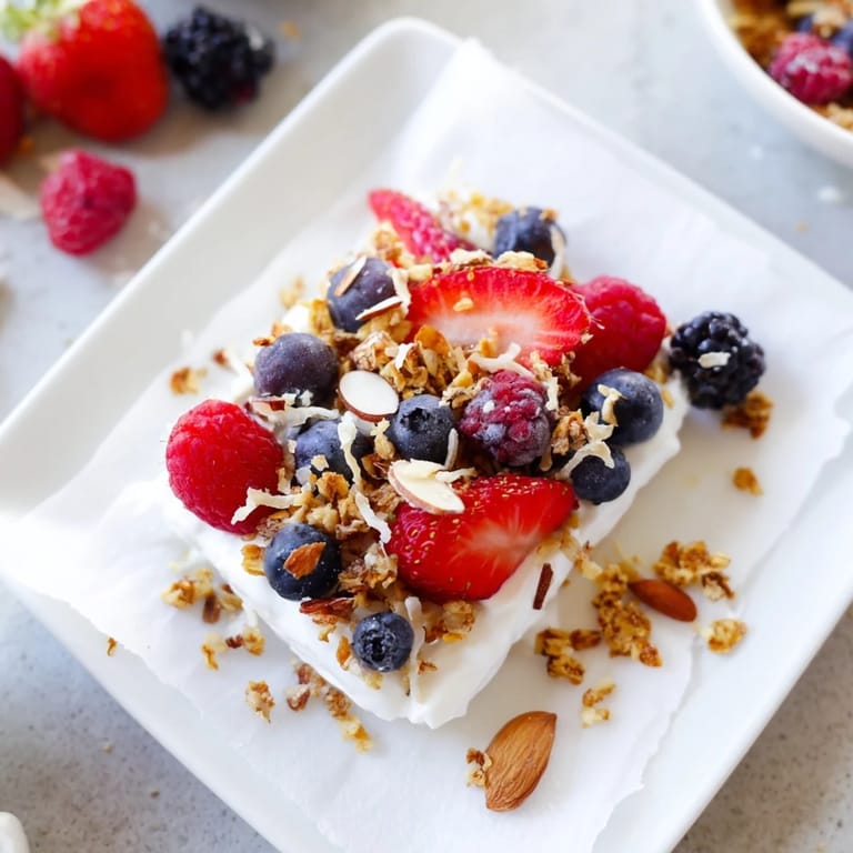 Perfectly frozen Berry Yogurt Bark, a healthy summer treat with colorful mixed berries.