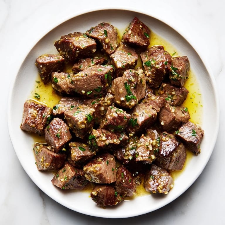 Close-up of golden brown air-fryer garlic-butter steak bites, ready to be devoured with parsley.