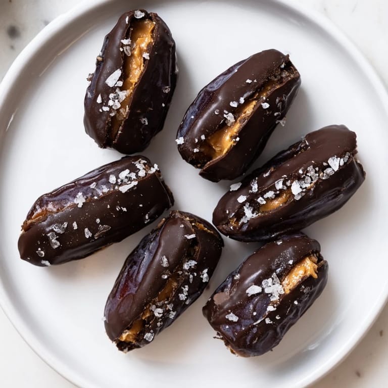 These rich Chocolate Peanut Butter Dates are a perfect no-bake dessert, sprinkled with flaky sea salt.