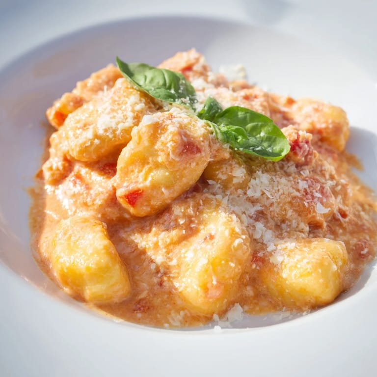 Close-up of bubbling, fragrant Creamy Tomato Gnocchi, a comforting vegetarian Italian-inspired dinner.