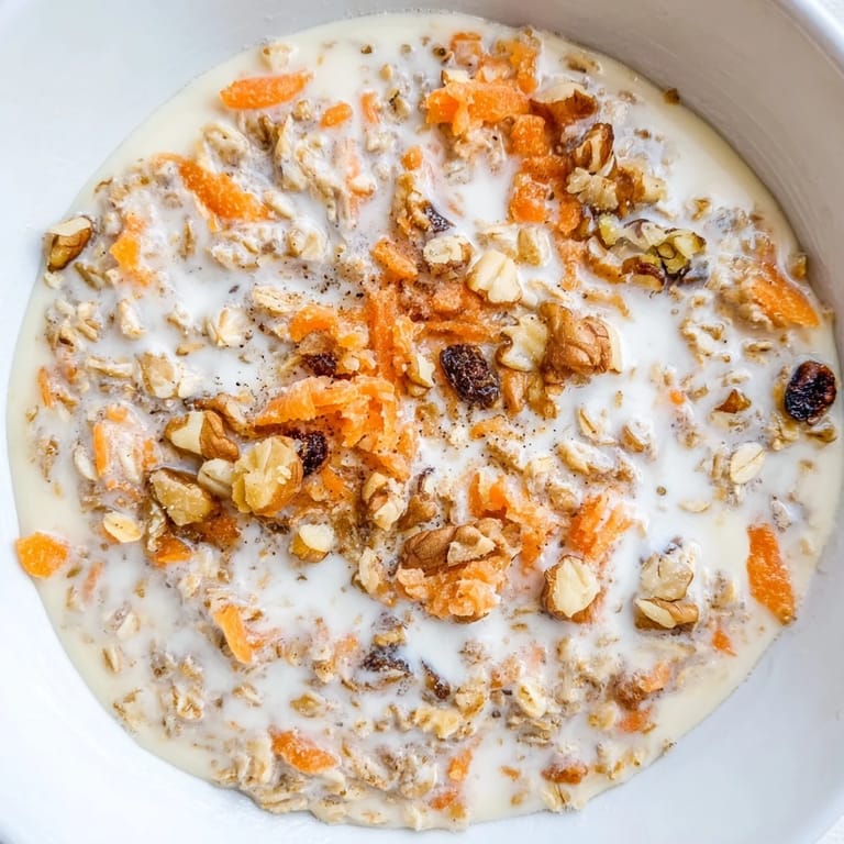 Enjoy a spoonful of Carrot Cake Overnight Oats: a hearty make-ahead breakfast, perfect for busy mornings.