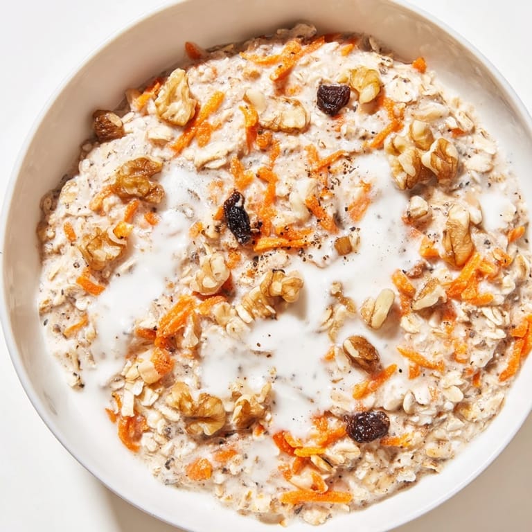 A close-up of Carrot Cake Overnight Oats: delicious, spiced breakfast with creamy yogurt and hearty oats.