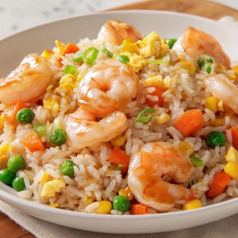 Steaming-hot bowl of shrimp fried rice, garnished with green onions and sesame seeds.