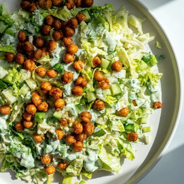 Creamy green dressing coats a fresh Green Goddess Salad, accented with crispy chickpeas for crunch.