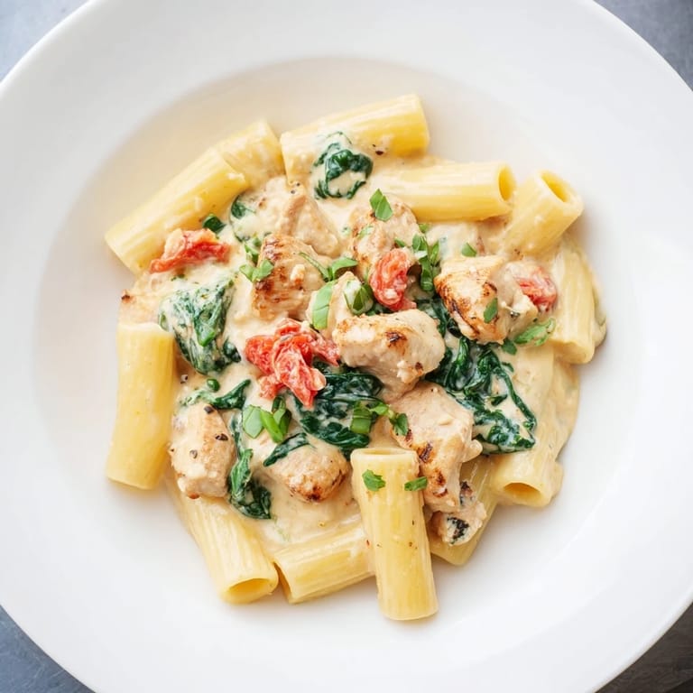 A rich and flavorful bowl of Budget-Friendly Marry Me Chicken Pasta, garnished with fresh basil leaves.