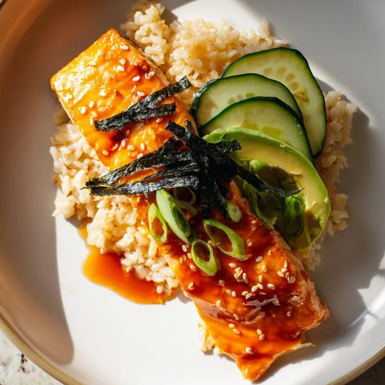 A close-up shot of the delightful Emily Mariko-Inspired Sticky Orange Gochujang Salmon Bowl, glistening with a vibrant sauce.