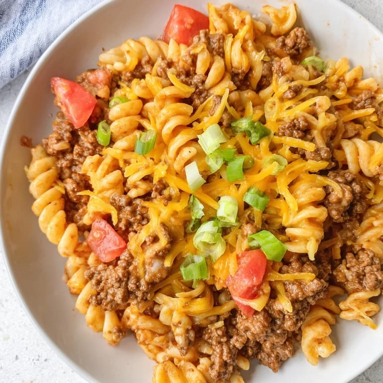A steaming bowl of comforting One-Pot Taco Pasta, topped with fresh cilantro and sour cream.