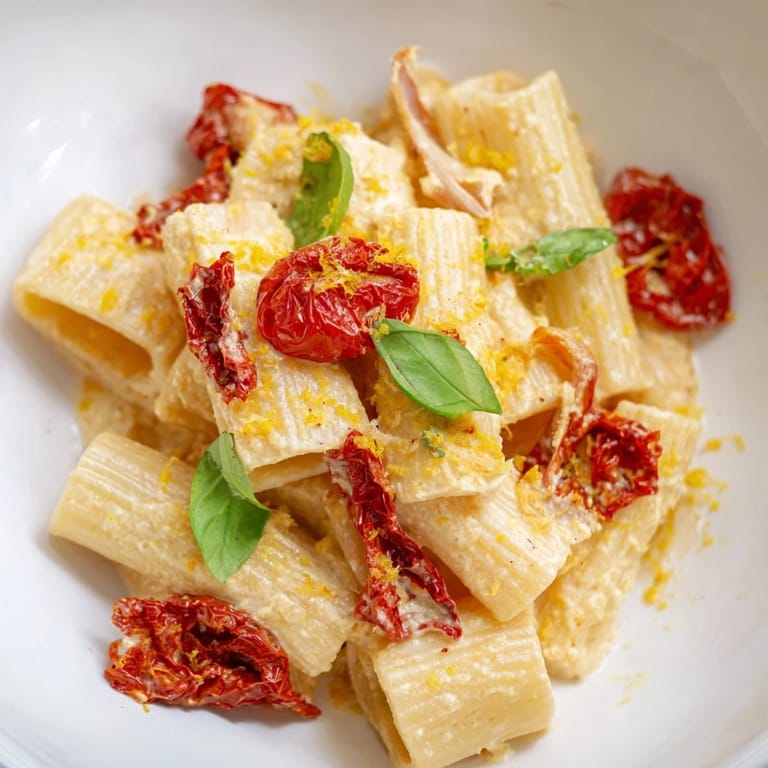 A close-up shot of rich baked feta pasta, bursting with juicy tomatoes and fresh basil.